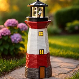 Jumbl 15" Red Solar Lighthouse with Rotating LED – Nautical Outdoor Resin Décor for Coastal Gardens and Yards