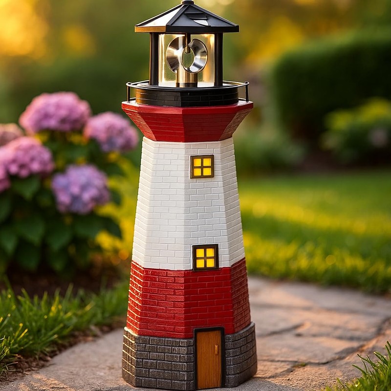 Jumbl 15" Red Solar Lighthouse with Rotating LED – Nautical