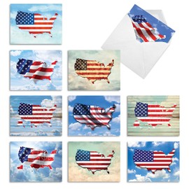 The Best Card Company 10 Assorted Independence Day Notes Boxed Set 4 x 5.12 Inch with Envelopes (10 Designs, 1 Each) Flag Maps AM9523IDG-B1x10