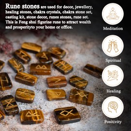 BEZAVO Tiger Eye Rune Stones Set with Engraved Elder Futhark Alphabet Natural Crystal Runes Stones Reiki Healing Chakra Meditation Divination Norse Pagan Gemstone Runes in Brick Shape