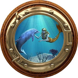 12" Porthole 3D Window Wall Sticker Mermaid & Dolphin #1 BRASSWOOD Port Scape Decal Sea Ocean Submarine Window Kids Room Decor Wall Art Removable Vinyl