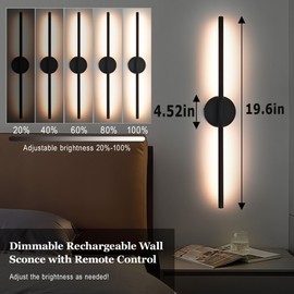38°GARDEN Black Battery Operated Wall Sconces Set of 2 360° Rotate Dimmable LED Wall Lamps 19.6 Inch Wireless Rechargeable Wall Lights with Remote Control