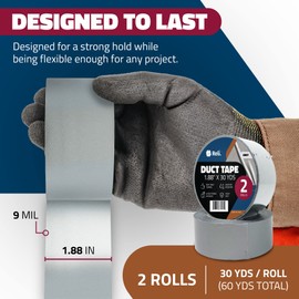 Reli. Duct Tape, Grey | 1.88" x 60 Yards Total (2 Rolls, 30 Yds Each) |Heavy Duty Duct Tape - Waterproof, Tear by Hand | Silver Duct Tape for Repairs, Construction, Bundles, Piping, Box Sealing (Grey)