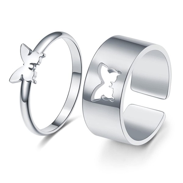 Aukmla Pair of Rings Silver Butterfly Ring Set Friendship Butterfly