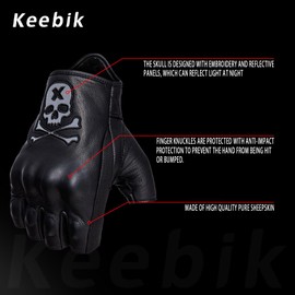 Keebik Goatskin Leather Motorcycle Motorbike Powersports Racing Gloves Reflective Skull Touchscreen for Men and Women Model (HEE2, Large)