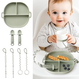 YIVEKO Baby Plates with Suction Silicone Baby Spoons Divided Baby Plates Silicone Baby Safety Toy Straps Baby Bottle Bungees Baby Feeding Set All-in-one-Sage