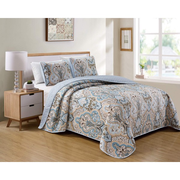 Kids Zone Home Linen Bedspread Set Damask Pattern Light Blue White Beige and Brown New (King/California King)
