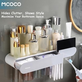 MCOCO Toothbrush Holders for Bathrooms Wall Mounted Magnetic Toothbrush Holder with Large Capacity Tray and Drawer Tooth Brush Holder 4-Cup Grey