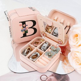 Small Travel Jewelry Case Organizer,Small Jewelry Box for Girls,Small Jewelry Boxes for Women,Small Jewelry Travel Case for Women,Mini Jewelry Travel Case,Friend Gifts for Women,Initial Jewelry Box B
