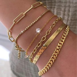 YANCHUN Gold Bracelet for Women Stacking Bracelets Rope Cuban Figaro Herringbone Bead Chain Bracelets Adjustable Link Gold Bracelet Set for Women Trendy 2025