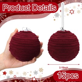 Soulchen 15 Pcs Velvet Christmas Balls 3.15 Inch Large Xmas Tree Decoration Plush Balls Xmas Tree Hanging Ornaments with Ropes for Holiday Wreath Garland Home Wedding Party Decorations(Burgundy)