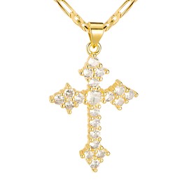 Kyhvoux 14K Gold Plated Women's Cross Necklace, Cubic Zirconia Copper Cross Pendant, Valentine's Mother's Day Gifts for Her with Jewelry Box Figaro Link Chain, Alloy Brass CZ Diamond Bridal Wedding