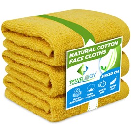 Towelogy® Premium Flannel Face Cloth 3-Pack 100% Egyptian Cotton Ring Spun Super Soft Washcloth 30x30cm for Cleansing Makeup Remover Spa & Gym Face Towels (Mustard Yellow, 3)