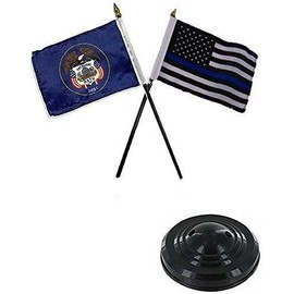 JumpingLight Utah State & USA Police Blue 4"x6" Flag Desk Set Table Stick Black Base