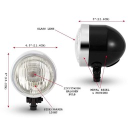 Alchemy Parts 4.5 inch Motorcycle Headlight in Custom Black & Chrome Small Discreet H4 55W Headlamp for Chopper Cruiser Bottom Mount Ideal for Trikes As Well (Type 3674)