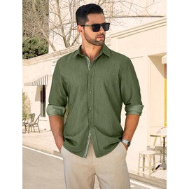 MAPICK Untucked Dress Denim Shirts for Men Button Down Long Sleeve Wrinkle Free Regular Fit Formal Shirts(Army Green,Large)