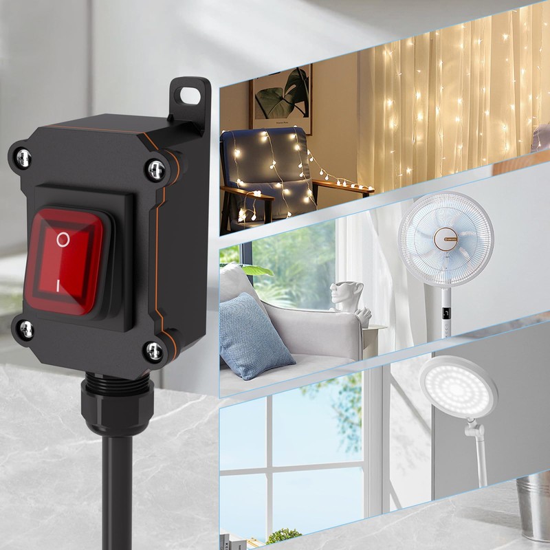 Inline Power Switch with 6-ft 14AWG Cable Piggyback Plug(3-Pronged),Red LED