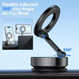 GUAGUA Upgraded 360° Vacuum Magnetic Phone Holder, Car Phone Mount, Hands-Free Suction Cup Phone Mount Foldable Phones Stand, Magnet Car Mount for All Smartphones & All Vehicle & Gym/Bathroom Mirror