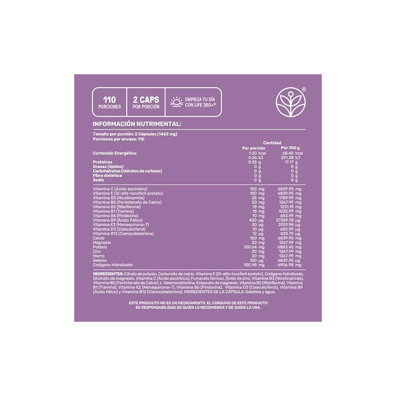 LIFE 360+ Folic Acid Collagen | 220 cápsulas | 1462mg
