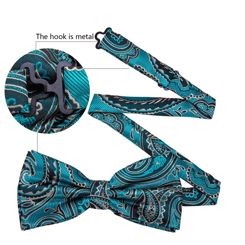 Barry.Wang Teal Black Bow Tie Set Men Paisley Silk Pre-Tied