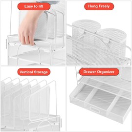 Marbrasse Desk Organizers, 4-Tier Mesh Desk File Organizer with 5 Vertical File Holders and 2 Pen Holders, Multifunction Desktop Organizer,Desk Organizers and Accessories for Home Office (White)