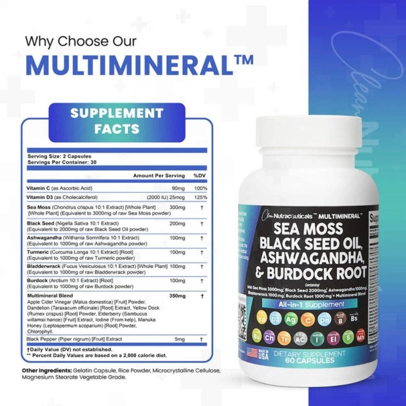 Clean Nutraceuticals MultiMineralâ„¢ Sea Moss Black Seed, 60 Capsules