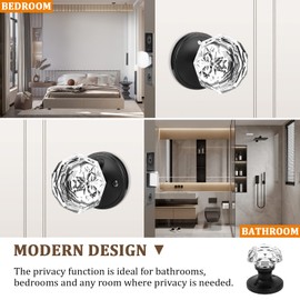 Orger 2 Pack Glass Door Knobs with Flat Black Rosette, Bath/Bed Door Knobs for Privacy Use, Keyless Interior Door Handles with Diamond Shape Crystal Glass and Zinc Alloy Base