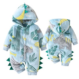 Yaopelky Newborn Baby Dinosaur Snowsuit Infant One Piece Hooded Jumpsuit Toddler Cartoon Romper Winter Warm Fleece Outfit (Green, 6-9 Months)