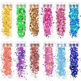 ALIIP Chunky Glitter, 12 Colors Luminous Festival Glitter with Gel, Face Glitters, Nail GlitterPowder, Holographic Cosmetic Glitters for Face Body Eye Hair Nail and DIY Art #01