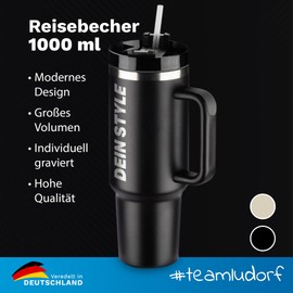 #teamludorf Thermobecher 1L mit Strohhalm & Henkel - Personalisierter Kaffeebecher Edelstahl, doppelwandig & isoliert - Trinkbecher mit Schraubdeckel, Verschüttschutz & spülmaschinenfest, Schwarz