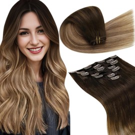 LaaVoo Real Hair Clip-In Extensions Brown Balayage Clip-In Extensions Real Hair Straight Remy Hair Clip Dark Brown Ombre Medium Brown with Ash Blonde 105 g 35 cm 7 Pieces #2/6/18