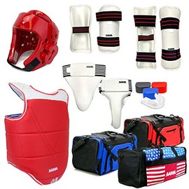 AAMA Complete Taekwondo Sparring Protective Gear Equipment Set w/Shin Guard - Red