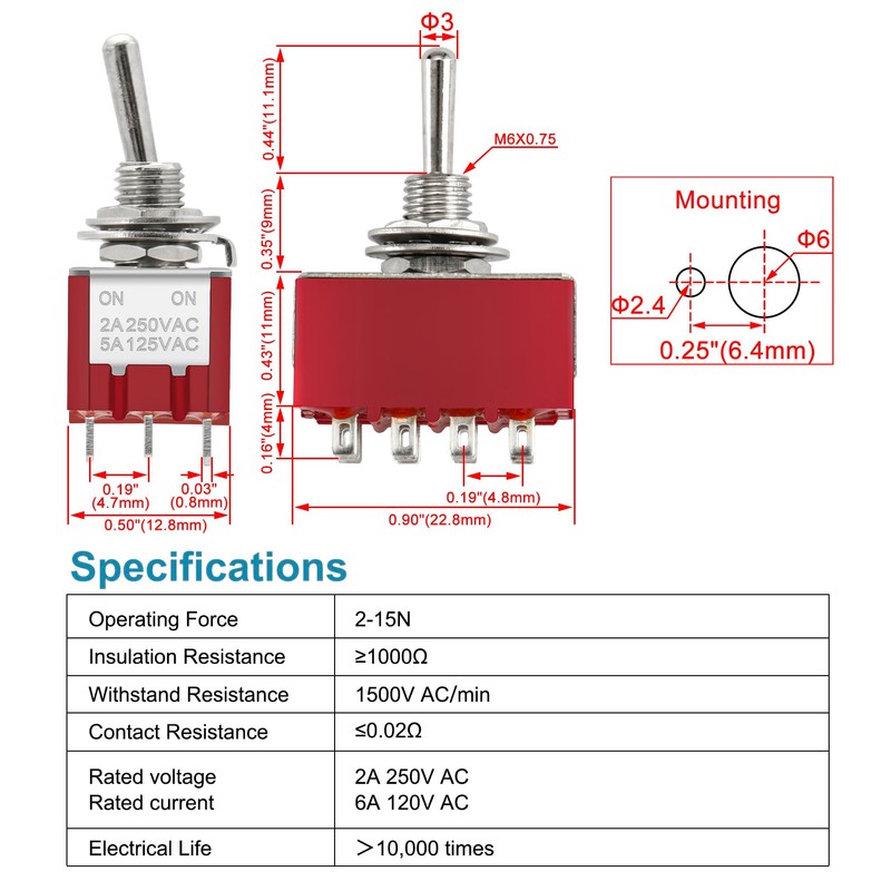 Heschen Miniature Toggle Switch, MTS-402, ON/ON, 4PDT 12 Pins, 2A