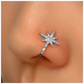 Aneneiceera Vintage Crystal Nose Ring - Hoop & Studs, Silver Rhinestone Star, No Piercing - Boho Cz Clip On Nose Ring for Women