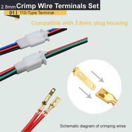 Susumoree 80 Pices 110-Type 2.8mm Plug housing Pin Header Terminals, with Insulated Sleeves, 20 Pairs Automotive Brass Crimp Wire Terminals Set, Superior for car, Motorcycle and Electrical Use