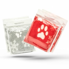 4 X Dog Blankets Washable Snowflake Paw Prints Dog Presents | Pet Blanket for Cat Soft Warm Dog Fleece Puppy Cat Blanket (70cm X 73cm, RED and GREY (Pack of 4))
