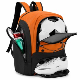 HMLIN OUTOOORS Soccer Backpack with Ball Holder,Youth soccer Bag for Basketball,Volleyball-Includes Separate Shoe Compartment&and Insulation (Orange)