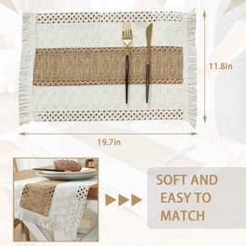 Boho Placemats Set of 6, Woven Placemats Cloth Cotton Placemats, Rustic Rectangular Beige Macrame Placemats for Rustic Wedding Family Gatherings Dining Table Kitchen, 11.8 x 19.7 Inch