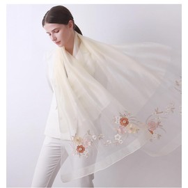 Jeelow Women's Silk Wool Scarf Shawl - Lightweight Floral Embroidered Wrap for Wedding, Party, Prom Fashion Accessory (Petal Ivory Cream)