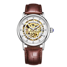 RORIOS Womens Skeleton Watch Dial Self-Winding Automatic Watch with Leather Band Women Wrist Watch