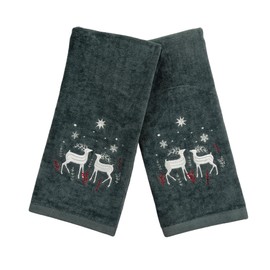 Holiday Christmas Bath Hand Towels: Seasonal Noble Reindeer Buck Deer Design, Gray Silver Red White, Set of 2, 100% Cotton