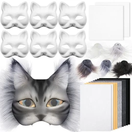 Seenelling 19 Pcs DIY Therian Mask Kit Blank Cat Mask with Felt Fabric Plush Faux Fur for Therian Gear Stuff (Grey Series)