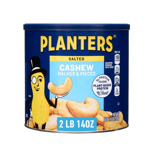 PLANTERS Salted Cashew Halves & Pieces, Party Snacks, Plant-Based Protein, 2 Lb 14 Oz Canister