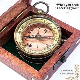 Antique Pocket Brass Compass Navigation Magnetic Nautical Instruments with Wooden Box Hiking Camping Hunting Outdoor Tool Home & Table Decor