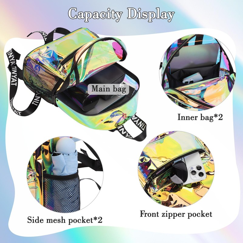 TINYAT Holographic Clear Backpack Mini Colorful Laser Transparent Backpack Heavy