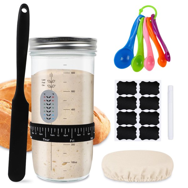 PSEBAY 24oz Sourdough Starter Jar Kit with Scraper, Thermometer, Date