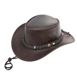 Wombat Outback Australian Hat Brown Cow Hide Leather Cowboy Bush Hat | Chin Strap | Rugged Unisex Woman's Mens Hats Outback Medium