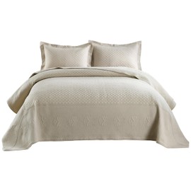 MarCielo 3-Piece 100% Cotton Oversized Bedspread Set Coverlet Set Lightweight Quilt Set Embroidery Farmhouse Bedding Set TF (TM Khaki Beige, King (118"x106"))