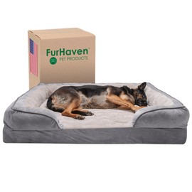Furhaven Memory Foam Dog Bed for Large Dogs w/ Removable Bolsters & Washable Cover, For Dogs Up to 125 lbs - Plush & Velvet Waves Perfect Comfort Sofa - Granite Gray, Jumbo Plus/XXL