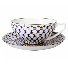 Lomonosov Porcelain Tea Cup and Saucer Cobalt Net Bone China 10 oz/300 ml